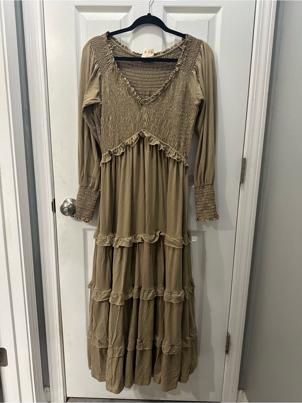 Smocked V-Neck Tiered Maxi Dress in Taupe